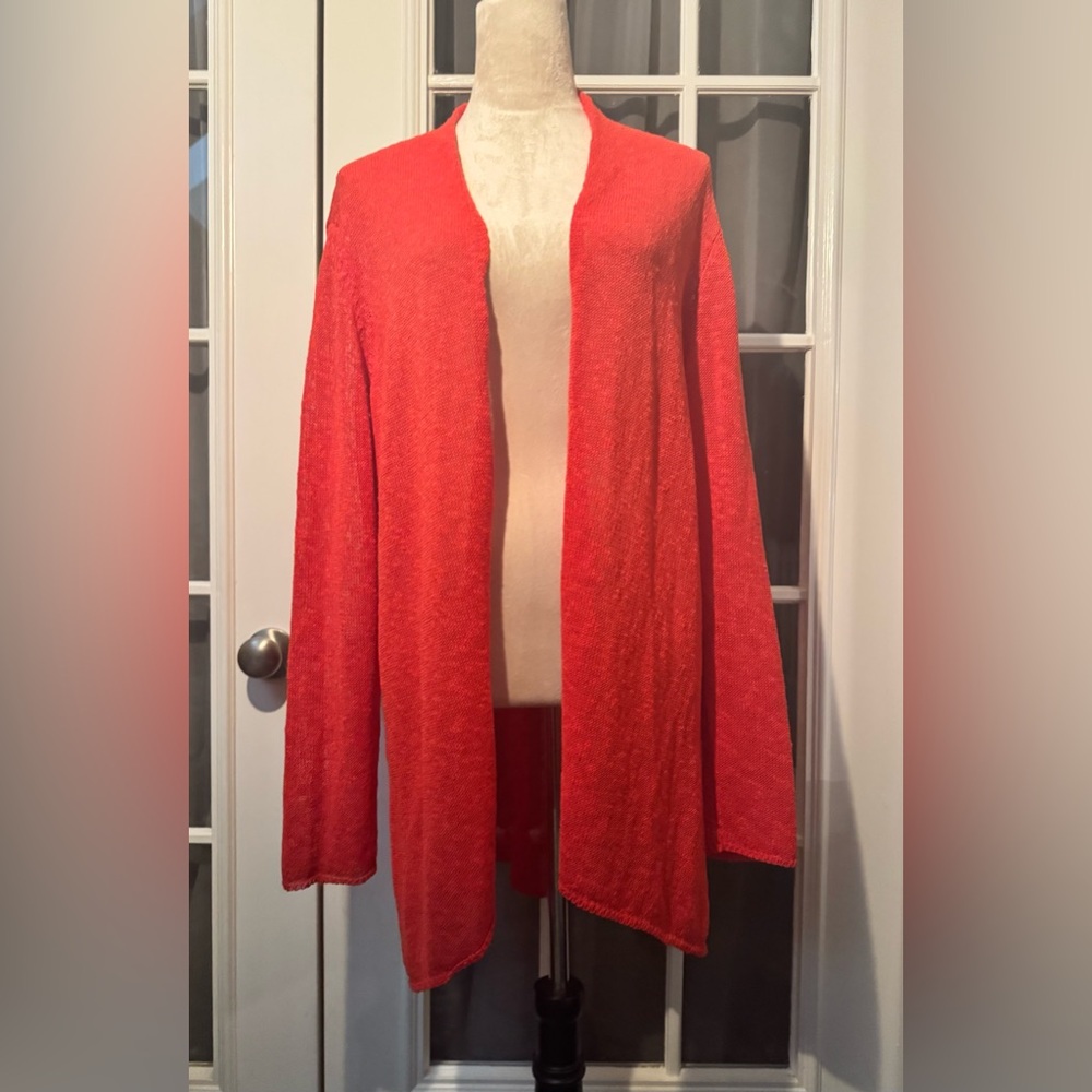 Eileen Fisher Linen Cotton Blend Open Front Cardigan Sweater Coral Red L